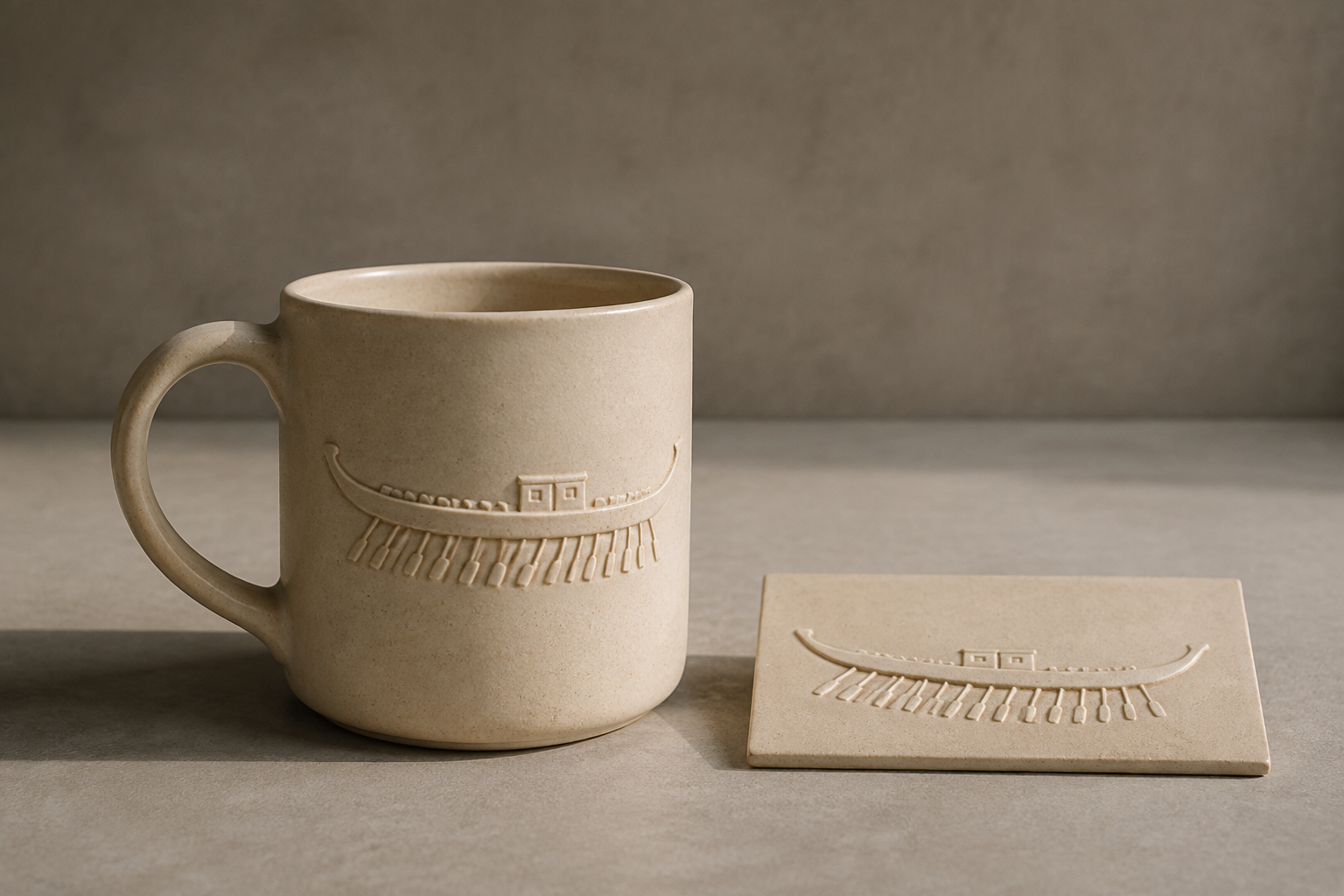 AI concept of an ivory ceramic cup and flat test tile carrying a shallow boat relief with a curved hull and repeated oars.