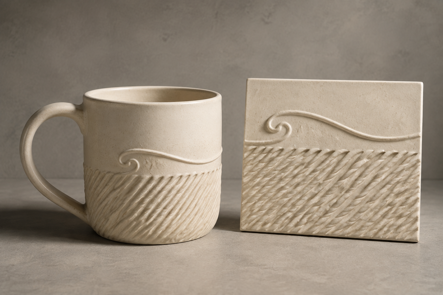 AI concept of an ivory ceramic cup and matching relief tile with diagonal cord textures and a raised curling line.