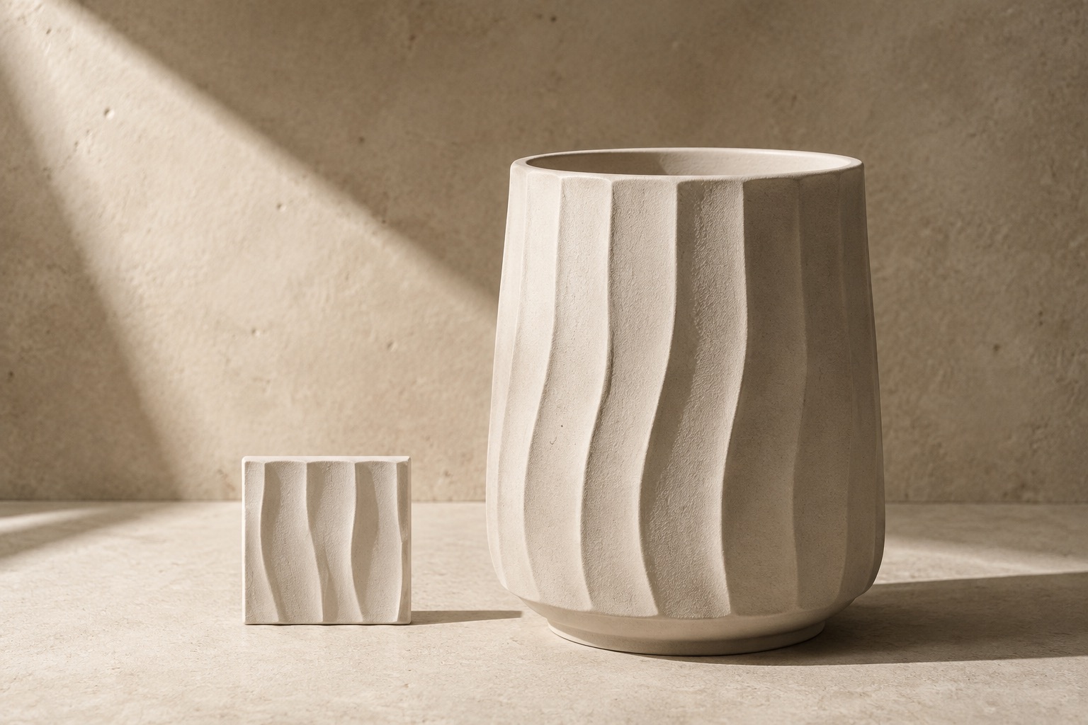 Illustrative ivory ceramic vessel and matching relief tile with flowing vertical ridges