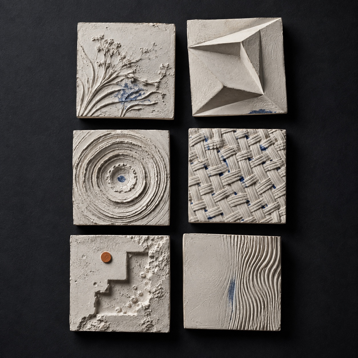 Illustrative plaster relief studies arranged on a graphite field