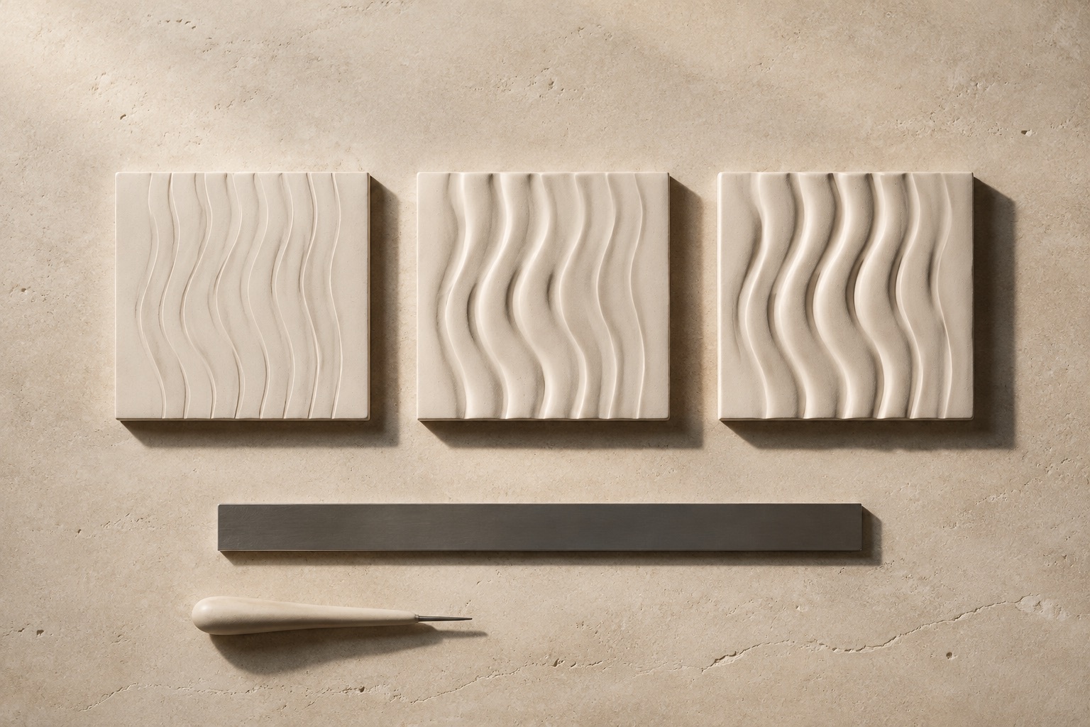 Illustrative study of three ivory wave-relief tiles with progressively stronger projections
