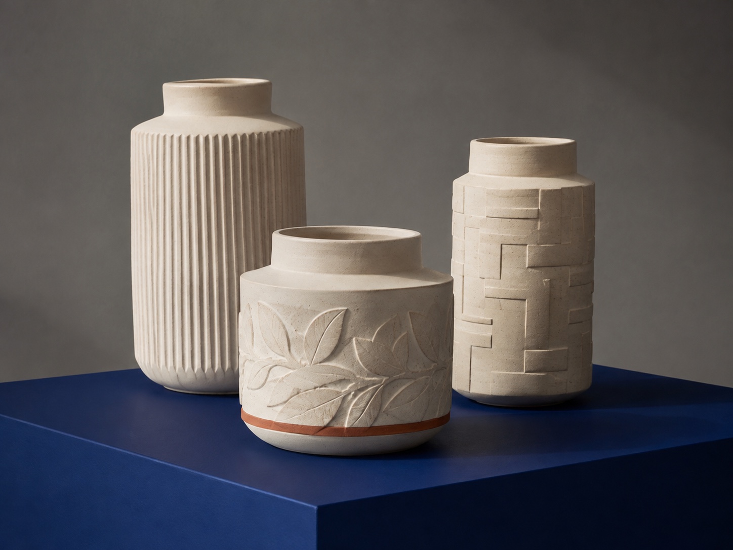Three matte ivory ceramic vessels with ribbed, botanical, and stepped relief surfaces